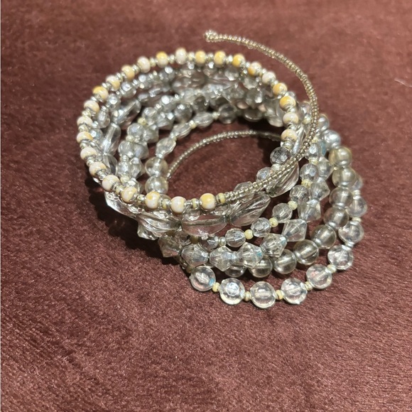 Silver/Tan Women's Shimmery Seven Row Beaded Spiral Bracelet - Picture 12 of 14